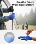 Ultra Thin Work Gloves For Men With Grip, 12 Pairs Bulk Pack, Lightweight Safety Gloves in use outdoors, polyurethane coated, blue color.