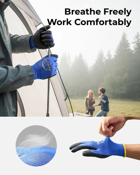 Ultra Thin Work Gloves For Men With Grip, 12 Pairs Bulk Pack, Lightweight Safety Gloves in use outdoors, polyurethane coated, blue color.