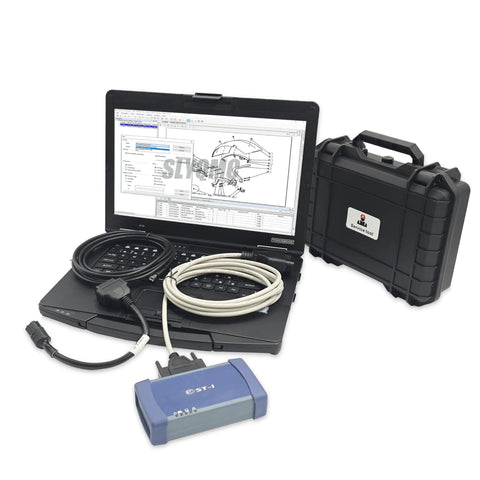 All In One Diagnostic Kit With Diagmaster Software And Parts Manual For Diesel Gearheads Engine And ECU Scanner Includes 4 Pin Cable Laptop CF54 Setup Tools And Software showing laptop, cables, and tools.