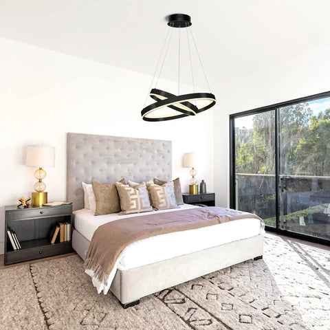 Two Ring Dimmable Black LED Chandelier With Remote Control in a modern bedroom.