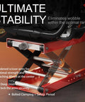 Soarshark 1100Lbs Aluminum Motorcycle Scissor Lift Jack With Reinforced Shaft Design For Heavy Duty Garage Use Red Steel Stand close-up of scissor arms and bolt clamping system.