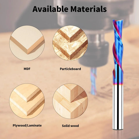 EANOSIC 1/4in downcut spiral router bit with blue-coated carbide; materials MDF, particleboard, plywood/laminate, solid wood.