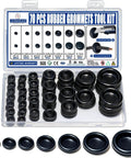70 Pack Rubber Grommet Kit With 7 Sizes For Wiring Automotive And Home Improvement organized in a clear plastic case showing all sizes.
