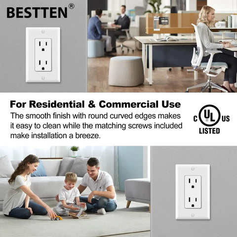 20 Pack Decorator Duplex Outlet, 15 Amp, 125 Volt, Non Tamper Resistant, White Wall Plate Included, UL Listed, home setting