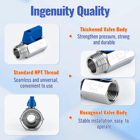 Two Pack Half Inch Mini Ball Valve 304 Stainless Steel Water Flow Control Built Tough Male To Female NPT Threads with features.