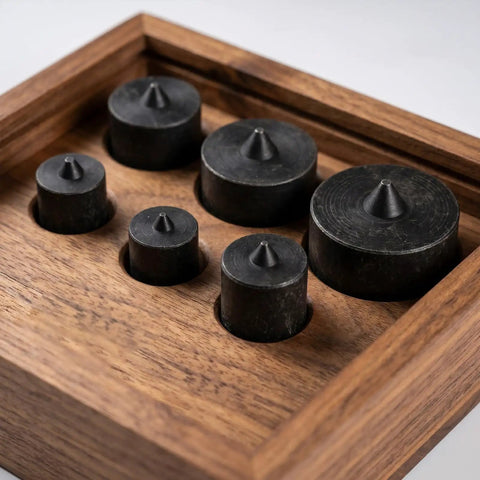 Sewoart 6pcs Shaft Protector Cap Kit For Universal Pullers Metal Spindle End Guard Prevents Wobbling Noise On Precision Machine Axles And Industrial Equipment, six black metal caps in wooden tray