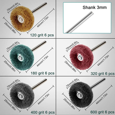 Top Shelf Mini Buffing Kit For Rotary Power Tools Featuring 75 Killer Brass Wire Brushes Heavy Duty Abrasive Felt Wheels And Complete Metal Finishing Gear With Standard One Eighth Inch Shank, 6-piece wire brush set with varying grits.