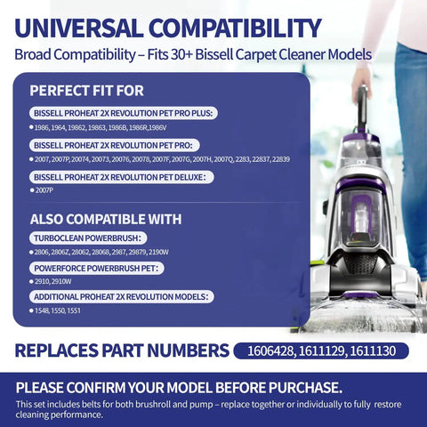 3 in 1 Belt Replacement Kit for ProHeat 2X Revolution Pet Pro Carpet Cleaners; compatibility chart and cleaner model