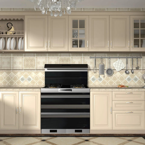 Modern kitchen with beige cabinets featuring 12 Pack Two Tone Cabinet Pulls With 3 Inch Hole Centers Brushed Nickel And Gold Zinc Alloy Square Tube Handles.