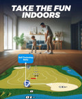 Indoor scene with family playing on chipping golf practice mats set with sticky balls, showing mat details and self-fastening balls feature.