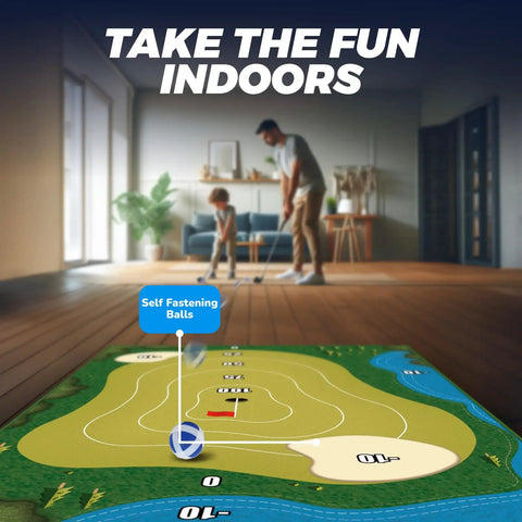 Indoor scene with family playing on chipping golf practice mats set with sticky balls, showing mat details and self-fastening balls feature.