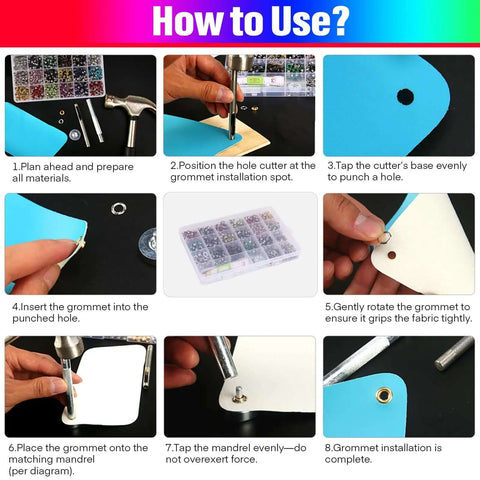 Step-by-step guide for using the Colorful Grommet And Eyelet Kit With 680 Pieces In 17 Colors, including installation tools.