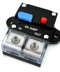 Built Tough 60 Amp Marine Circuit Breaker And Battery Disconnect Switch For Boat Trolling Motors showing a 60 amp unit with blue switch.
