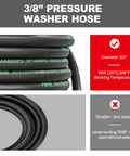 POHIR 3/8 pressure washer whip hose collage: black braided coils, spec card shows 3/8 diameter and 248°F
