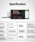 Image showing specifications of 16 Channel Mini FPV Receiver SBUS CRSF Long Range for Micro Drones and Quadcopters with telemetry features.