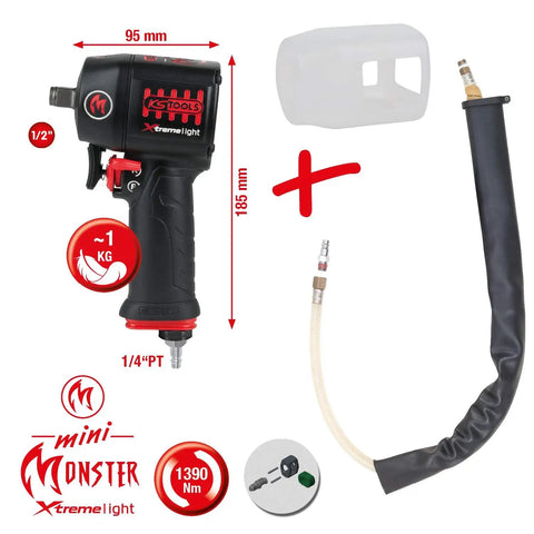 Pro Shop Essential 1/2 Drive Pneumatic Impact Wrench showing ergonomic handle and included air hose for auto mechanics.
