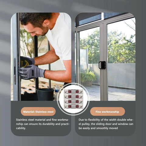 Four Piece Double Flat Wheel Sliding Window Rollers And Wardrobe Slider Pulleys Crafted From Premium Stainless Steel being installed on a sliding glass door.