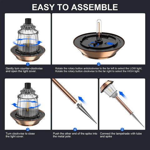 Assembly guide for Six Pack Solar Pathway Lights Outdoor Waterproof Dimmable 10-40 LM Auto On Off Yard Garden Lighting.