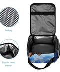 Open insulated reusable lunch box with netbag and easy to clean interior for work, picnic, camping. Features detachable handle and side pocket.
