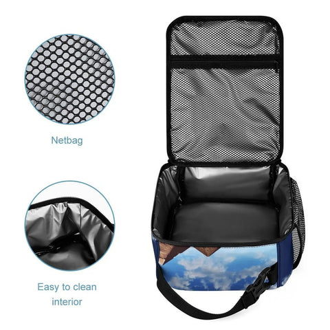 Open insulated reusable lunch box with netbag and easy to clean interior for work, picnic, camping. Features detachable handle and side pocket.