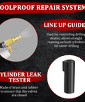 Foolproof repair system kit: brass spark plug thread tool with hose on left; black cylindrical component.