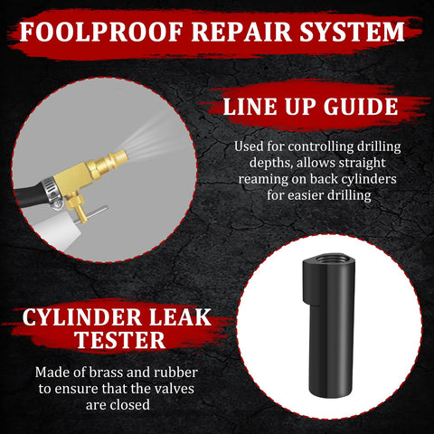 Foolproof repair system kit: brass spark plug thread tool with hose on left; black cylindrical component.