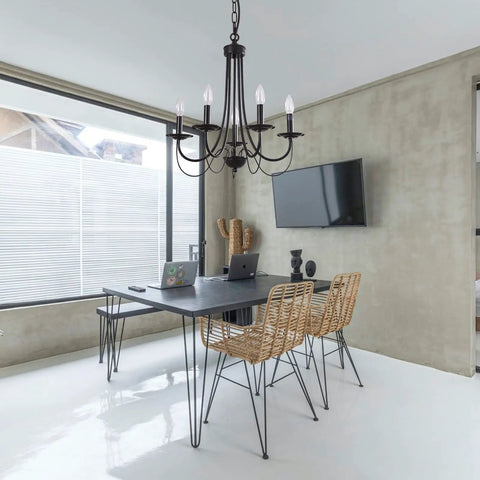 Dope Five Light Farmhouse Chandelier Black Candle Style Ceiling Light Fixture in modern dining room setting