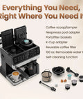 Straight Fire Coffee Station Combining An Elite Espresso Brewer With A Heavy Duty Drip Maker For Pouring Creamy Lattes Or Bold Cappuccinos Plus K Cup Pod And Fresh Ground Compatibility All Day with accessories laid out.