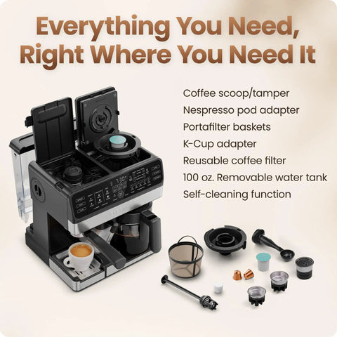 Straight Fire Coffee Station Combining An Elite Espresso Brewer With A Heavy Duty Drip Maker For Pouring Creamy Lattes Or Bold Cappuccinos Plus K Cup Pod And Fresh Ground Compatibility All Day with accessories laid out.