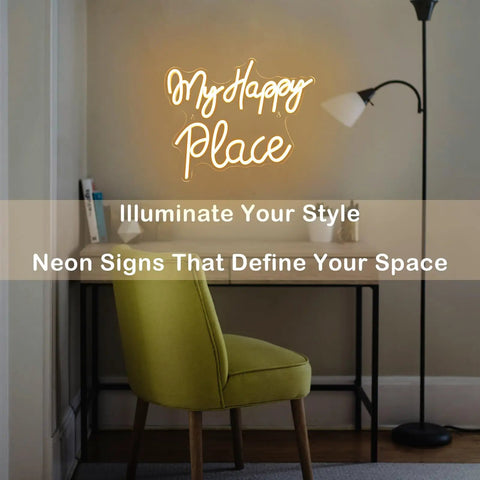 My Happy Place Neon Sign Warm White Neon Lights for Bedroom Decor Cozy Home Office Wall Art Wedding and Birthday Party Decor Gift for Girls Room Modern Neon Wall Sign in home office setting with green chair