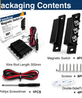 Packaging contents of Two Pack Magnetic Reed Door Window Sensor NC And NO Modes Surface Mount Alarm Sensor Kit with screwdriver, screws, tape, and wires.