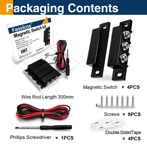Packaging contents of Two Pack Magnetic Reed Door Window Sensor NC And NO Modes Surface Mount Alarm Sensor Kit with screwdriver, screws, tape, and wires.