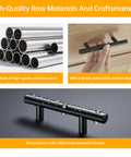 High-quality stainless steel cabinet pulls with a simple matte black design, shown in close-up with water droplets for durability.