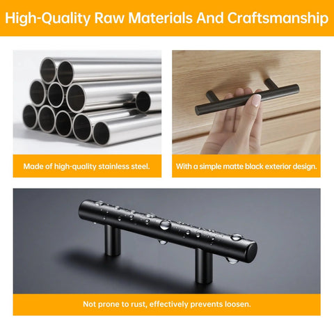 High-quality stainless steel cabinet pulls with a simple matte black design, shown in close-up with water droplets for durability.