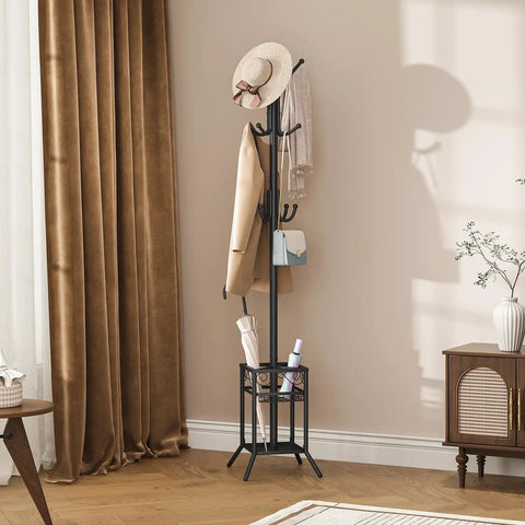 No Fuss Freestanding Coat Rack With 12 Hooks And Umbrella Holder Modern Metal Hall Tree For Entryway Living Room Bedroom Or Office Heavy Duty Standing Coat Hanger Stand In Black.
