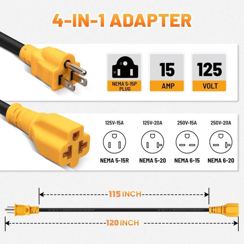 Built Tough 10 Ft Ac Power Adapter Cord 15 To 20 Amp Nema 5 15P To 5 15R 5 20R 6 15R 6 20R T Blade Splitter with 4-in-1 design