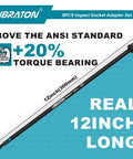Pro Grade Impact Socket Adapter Set With One Quarter Inch Drive Three Eighth Inch Drive And One Half Inch Drive Includes Three Six And Twelve Inch Extensions For Drill Socket Adapters To Torque Wrench Use Heavy Duty Driver Adapters For Tight Spaces showing 12 inch extension with torque bearing.