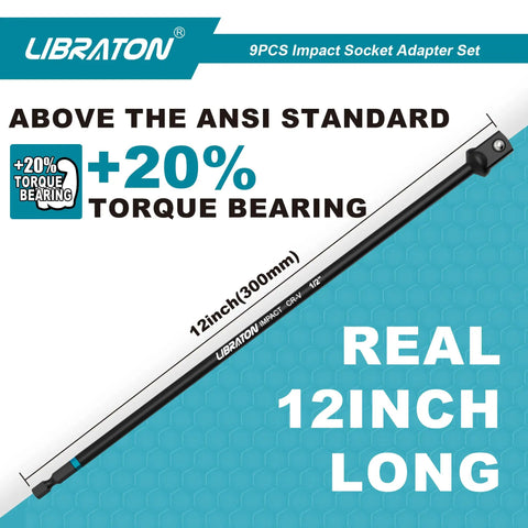 Pro Grade Impact Socket Adapter Set With One Quarter Inch Drive Three Eighth Inch Drive And One Half Inch Drive Includes Three Six And Twelve Inch Extensions For Drill Socket Adapters To Torque Wrench Use Heavy Duty Driver Adapters For Tight Spaces showing 12 inch extension with torque bearing.