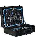 247 Piece Basic Home Repair Tool Set With Aluminum Case And Ample Pocket Storage, hand tools organized in open case