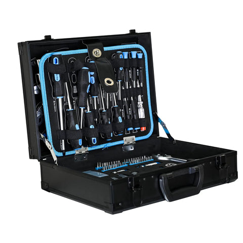 247 Piece Basic Home Repair Tool Set With Aluminum Case And Ample Pocket Storage, hand tools organized in open case