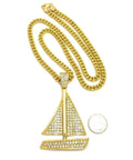 Iced Out Bigger Size Sailing Yacht Pendant On 6mm 30 Inch Cuban Chain Necklace Gold Tone Fashion Jewelry For Men And Women A Bold Nautical Bling Statement shown with coin for size.