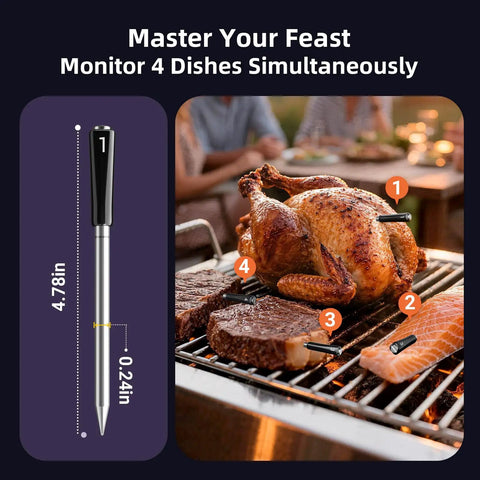 Smart Wireless Meat Thermometer With Four Probes And IP67 Waterproof Design, Dual Sensors Per Probe For Accurate Readings, WiFi Unlimited Range With Real Time Monitoring, Bluetooth Up To 300 Ft For Cookin, BBQ, Grillin, Oven, Smoker. 4.78in probe