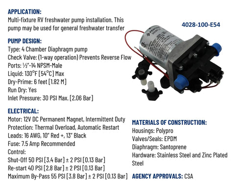 12V RV Fresh Water Diaphragm Pump With 2.3 GPM Flow 50 PSI Auto Shutoff Self Priming Run Dry Safe 6 Ft Long Hose Half Inch NPSM Ports