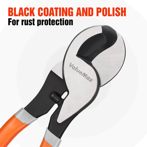 Close-up of 10 Inch Heavy Duty Wire Cutter Handles 4/0 Aluminum And 2/0 Copper Like A Champ Ergonomic One Hand Cable Pliers with black coating.