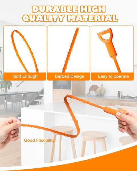Six Pack 25 Inch Sink Drain Snake Tool Set For Quick Unclogging Hair Clog Remover Plumbers Snake Drain Cleaner Sticks, flexible barbed orange plastic