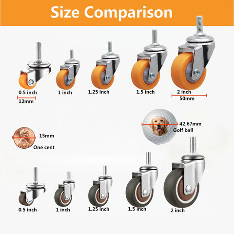 Size comparison chart for Four Pack Swivel Stem Casters With One Inch TPR Silent Wheels, showing various sizes including 0.5 to 2 inches.