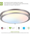 Lit 14 Inch Round Flush Mount Ceiling Light Fixture With 3CCT Dimmable LEDs, brushed nickel with Energy Star and ETL logos