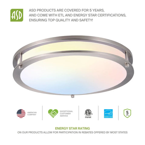Lit 14 Inch Round Flush Mount Ceiling Light Fixture With 3CCT Dimmable LEDs, brushed nickel with Energy Star and ETL logos
