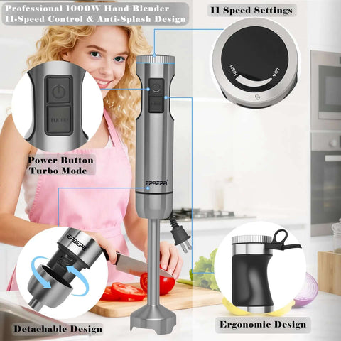 Heavy Duty Twelve In One Immersion Blender Bundle Featuring Kickass 1000 Watt Motor designed for smoothies, creamy soups, and more.
