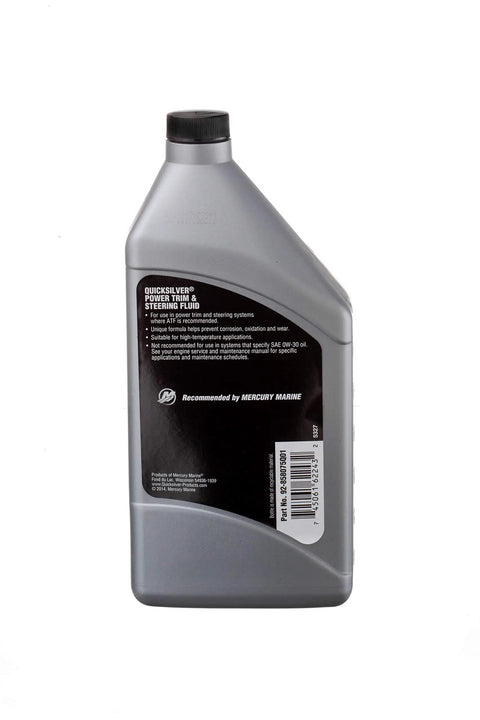 Back label of Power Trim And Steering Fluid For Outboard And Sterndrive Boats 32 Oz Universal Hydraulic Fluid bottle